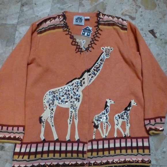Storybook giraffe cardigan orange and browns 1x - Picture 1 of 2
